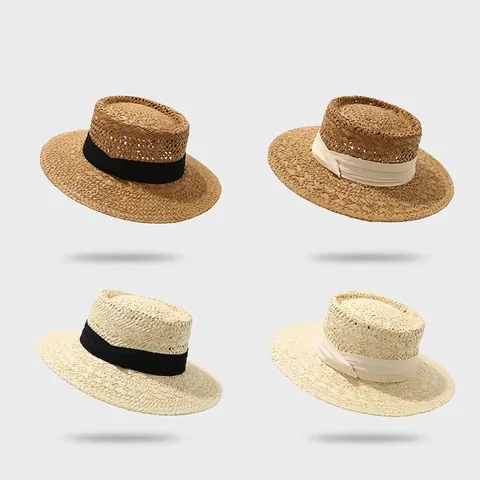 Chapeau Canotier Paille De Papier Sommet Plat Bord Large Ruban Réglable Été Plage Protection Solaire Élégant Français Femmes