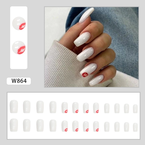 Medium Long European Square Press On Nails Glossy White With Red Lip Print Patterns For Women