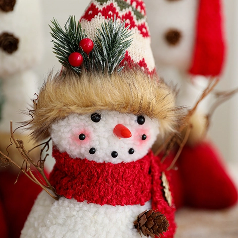 Weihnachts Schneemann Puppe Ornamente Sherpa Strickstoff Mit Kiefernzapfen Holz Zweigen Lange Beine Winter Stehende Figur