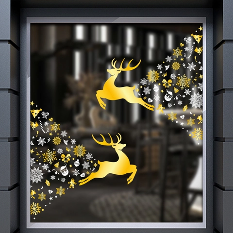Christmas Window Stickers Reindeer Snowflake Gold White PVC Static Cling Decals Glass Door Showcase Festive Decor