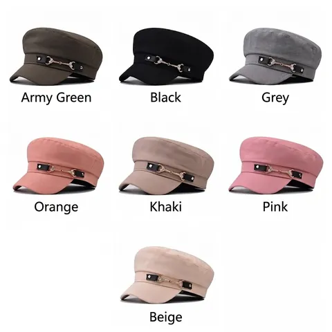 Women Newsboy Cap Cotton Twill Military Style Hat With Heart Rhinestone Horsebit Faux Leather Band Retro Solid Color