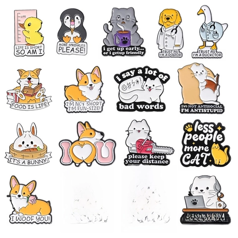 Épinglette En Émail Animal De Dessin Animé Humour Corgi Chat Canard Broche En Alliage Badge Avec Citations Drôles Pour Vêtement