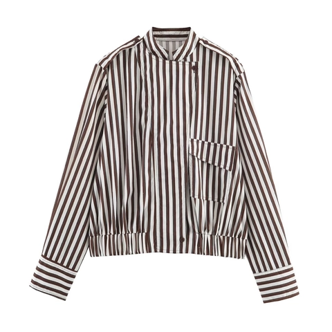 Women Striped Shirt Jacket Stand Collar Long Sleeve Polyester Blouse With Epaulettes Elastic Hem Casual Vintage Top