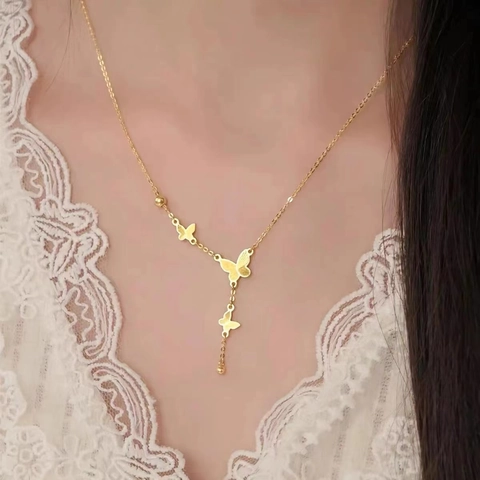 Collana Con Nappine A Farfalla Placcata Oro 18K Acciaio Inossidabile Elegante Forma A Y Goccia Lunga Per Donna