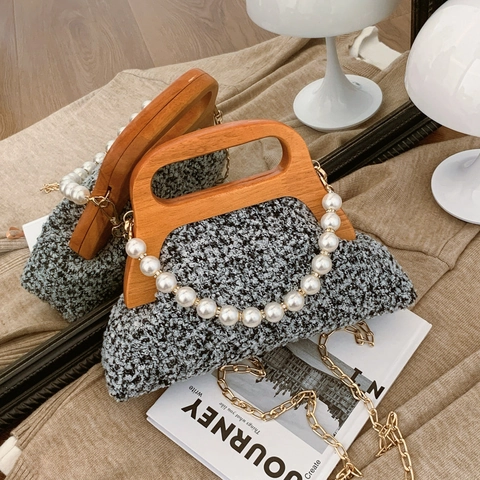 Sac À Main Rétro Femme Avec Poignée En Bois Décor Chaîne Künstliche Perles Sac À Bandoulière Tweed Style Vintage Élégant