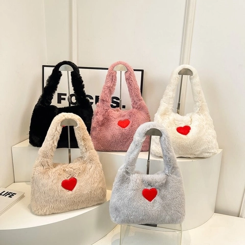 Sac À Main En Peluche Fausse Fourrure Sac Sous Les Aisselles Motif Cœur Rouge Style Rétro Pour Femmes Filles