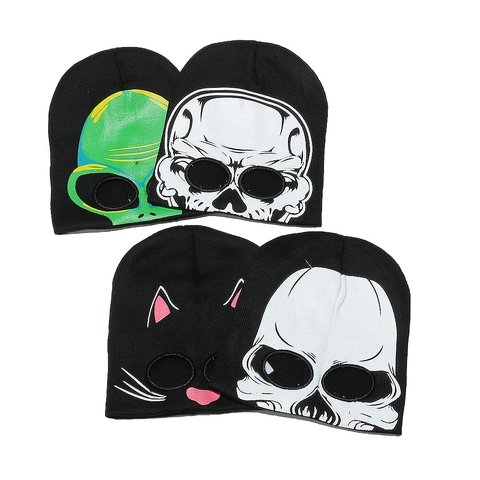Novelty Knit Beanie Hat Acrylic Full Face Cover Alien Skeleton Cat Pattern Funny Halloween Streetwear Warm Cap
