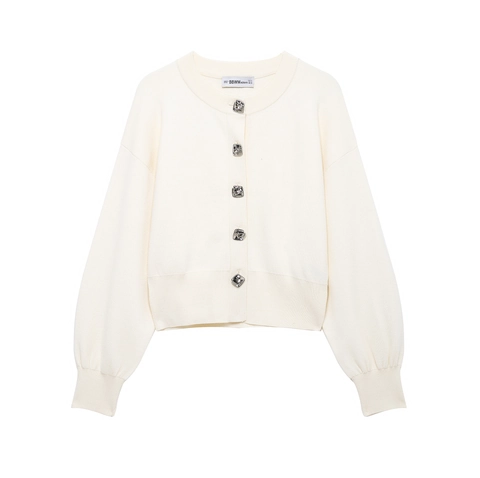 Women Knit Cardigan Long Lantern Sleeve Flower Button Solid Color Round Neck Casual Soft Top