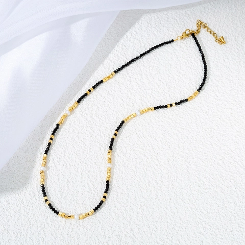 Collar de Cuentas de Piedra Natural Espinela Negra para Mujer de Acero Inoxidable Chapado en Oro Joyería con Perla Artificial