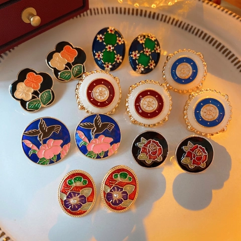 Pendientes Vintage Franceses De Esmalte Flor Colibrí Corazón Con Poste De Plata