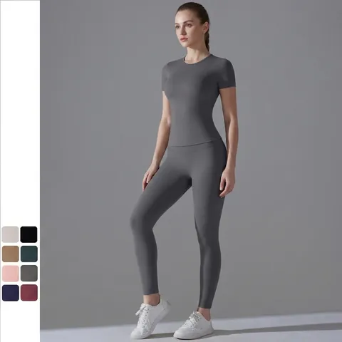 Dames Yoga Fitness Outfit Kortmouw Top En Hoge Taille Lange Broek Sneldrogend Hoog Elastisch Slim Fit Workout Gym