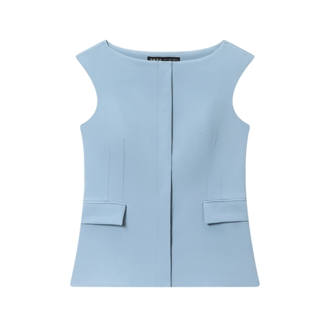 Chaleco Sin Mangas Y Pantalones Rectos Para Mujer Azul Claro Sólido Profesional Oficina Casual Poliéster