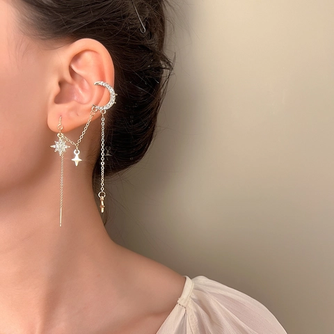 Orecchini A Stella Luna Con Frangia Lunga Polsino Per Orecchio Lega Zircone Oro Gioielli Di Moda Eleganti Da Donna