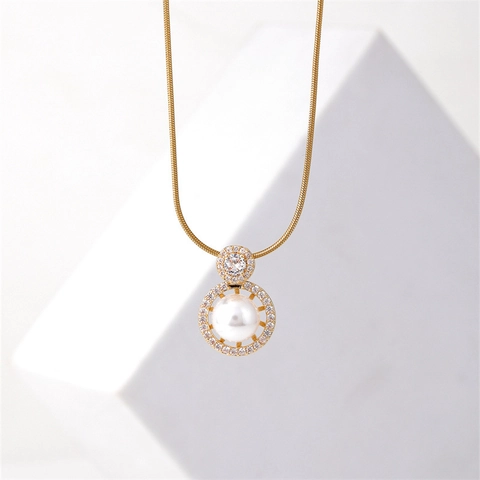 Vintage Minimalistisch Kupfer Halskette Elegant Vergoldet Künstliche Perle Strass Anhänger Halskette Für Damen Geschenk Schmuck