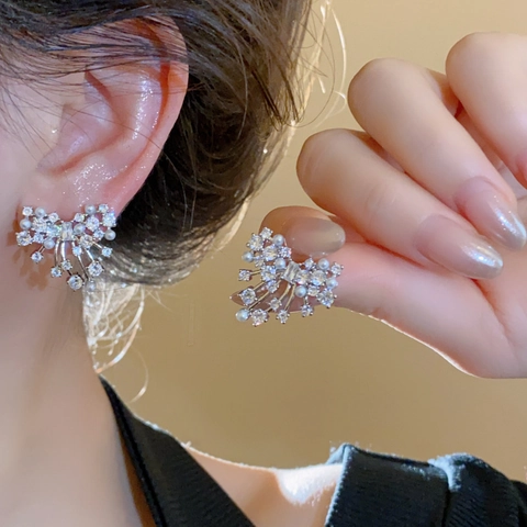 Pendientes De Botón Flor Circonita Fuegos Artificiales Con Poste De Plata Esterlina 925 Aleación Perla Artificial Joyería Mujer