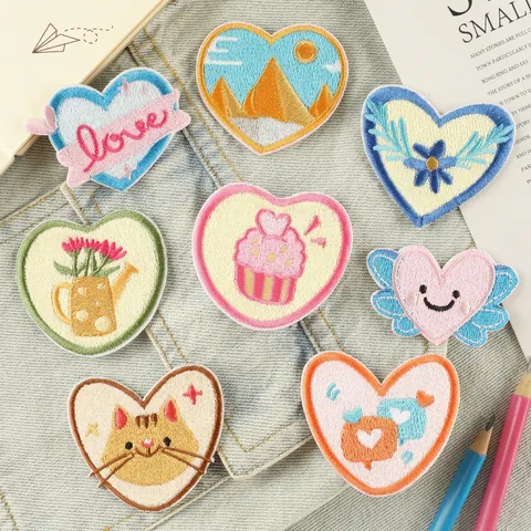 Heart Shaped Embroidered Patches Iron On DIY Applique For Clothing Bags Cartoon Cat Flower Love Polyester Craft