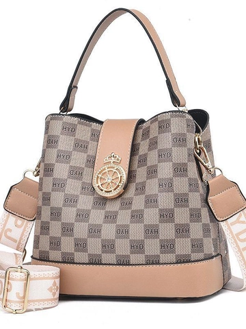 Bolso Cubo De Mujer De Cuero PU Estampado De Monograma Cuadros Bolso De Hombro Con Correa Ancha Moda Retro