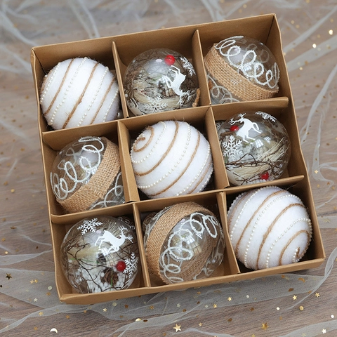 Boules De Noël Décoration Champagne Blanc Flocon Renne Künstliche Perle Artificielle Toile De Jute Dentelle Plastique Mousse Suspendu