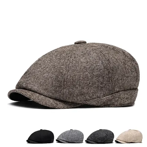 Retro Mens Newsboy Cap Herringbone Tweed Fleece Gevoerd Warm Winter Verstelbare Flat Cap Britse Stijl