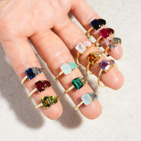 Vintage Titanium Steel Birthstone Adjustable Open Ring Women Gold Plated Geometric Rhinestone Inlaid Finger Ring Gift