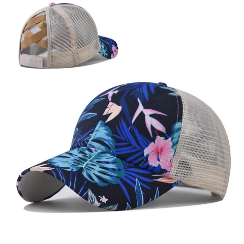 Casquette Baseball Queue De Cheval Femme Imprimé Floral Tropique Maille Réglable Chapeau Soleil Mélange Coton Polyester