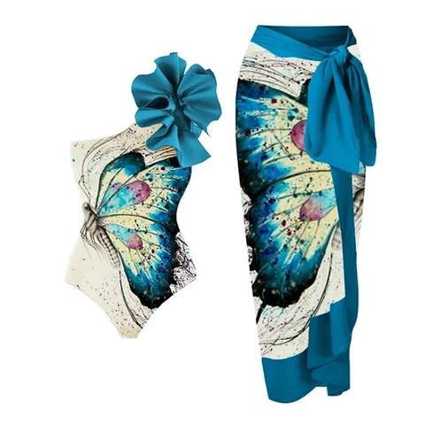 Women One Shoulder Swimsuit Floral Decoration Butterfly Print Polyester Swimwear And Matching Cover Up