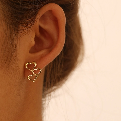 Minimalist Triple Heart Hollow Stainless Steel Stud Earrings For Women Elegant Gold Silver Plated Fashion Piercing Jewelry Gift