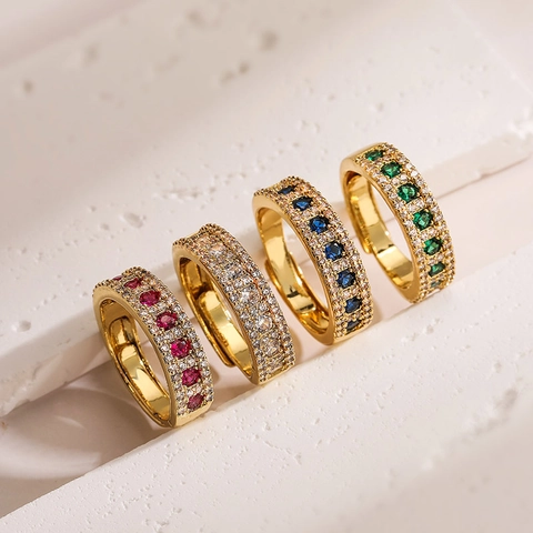 Adjustable Open Ring Copper 18K Gold Plated Multi Row Cubic Zirconia Pave Set Colorful Stone Fashion Jewelry For Women
