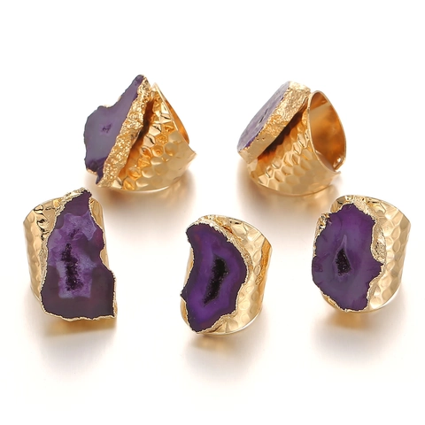 Natural Geode Agate Druzy Crystal Ring Hammered Gold Plated Adjustable Open Bohemian Irregular Statement Jewelry