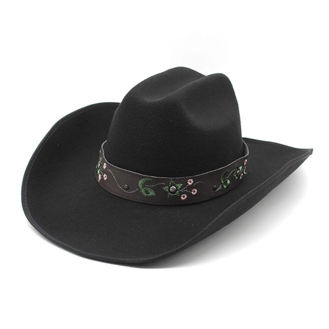 Western Cowboyhoed Wolvilt Vintage Geborduurde Bloemenband Klinknagels Brede Rand Jazz Hoed Heren Dames