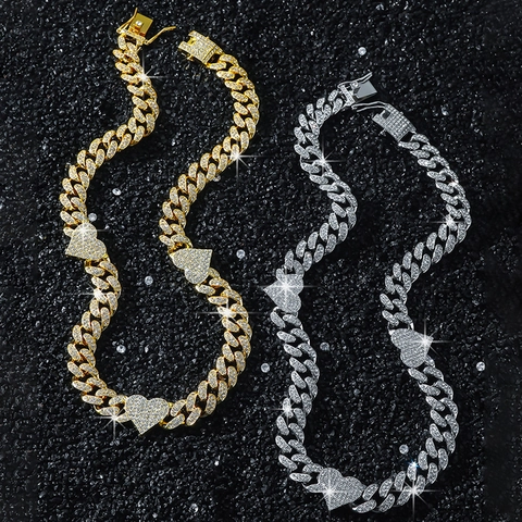 Cuban Link Necklace Bracelet Alloy Glass Rhinestone Iced Out Heart Pendant Hip Hop Streetwear Men Women Jewelry