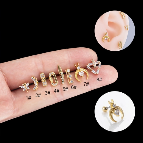 Stainless Steel Cartilage Stud Earrings Zircon Inlaid Dragonfly Moon Butterfly Screw Back Piercing Jewelry For Women