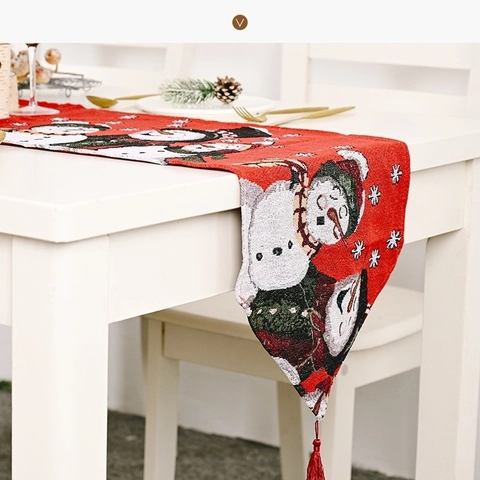 Christmas Table Runner Knitted Polyester Jacquard Snowman Reindeer Festive Holiday Decoration With Tassels For Dining Room