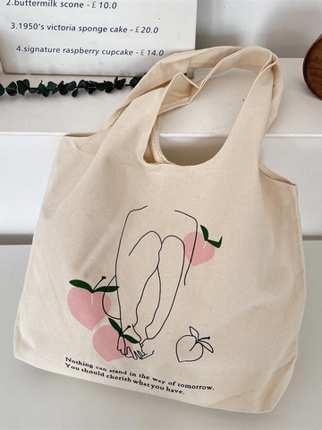 Aesthetic Canvas Tote Bag Minimalist Line Art And Peach Print Large Capacity Reusable Shopping Shoulder Handbag