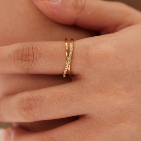Stainless Steel Criss Cross Ring For Women Double Layer Micro Pave Zircon Slim Elegant Minimalist Jewelry