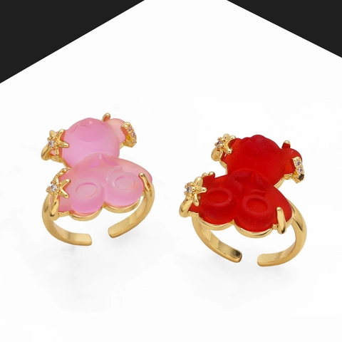 Colorful Bear Open Ring Gold Plated Copper Resin Adjustable Fashion Jewelry For Women Cubic Zirconia Accents Cute Ins Style