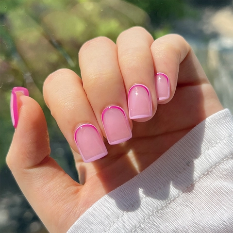French Tip Press On Nägel Pink Magenta Rand Eckig Kurz Mittellang Glänzend Harz Künstliche Nägel Full Cover Art