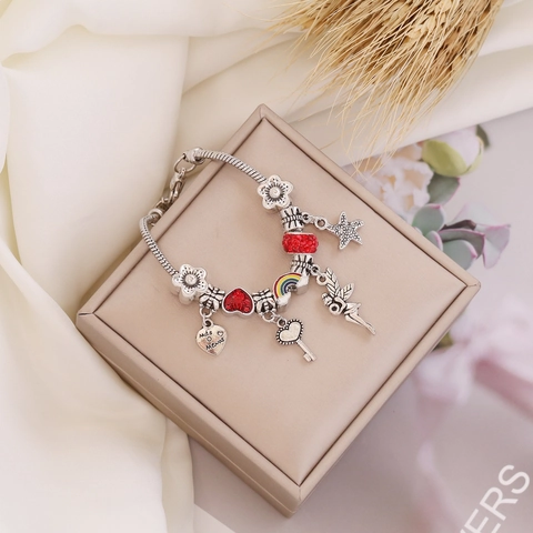 Alloy Enamel Heart Charm Bracelet Silver Color Snake Chain Fairy Rainbow Jewelry Women