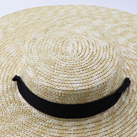 Elegant Wide Brim Flat Top Straw Sun Hat For Women Summer Beach Vacation With Black Ribbon Band Hepburn Style