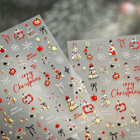 Christmas Nail Art Stickers Decals Relief Gold Texture Red Apple Snowflake Bow DIY Manicure Holiday Decoration