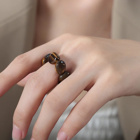 Handgefertigt Tigerauge Stein Verstellbarer Elastischer Ring Für Damen Leichter Luxus Titanstahl Ästhetischer Finger Schmuck Geschenk