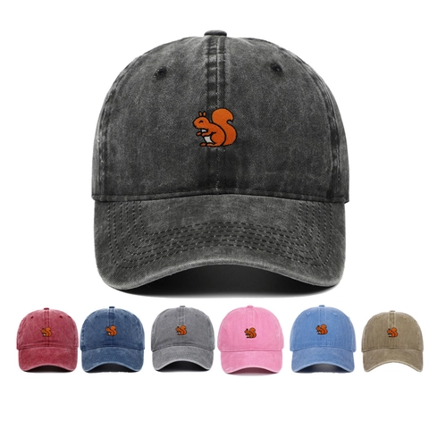 Vintage Washed Cotton Baseball Cap Eichhörnchen Stickerei Distressed Verstellbar Outdoor Dad Hat Für Damen Und Herren