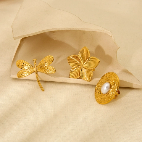 18K Gold Plated Stainless Steel Open Ring For Women Vintage Shell Dragonfly Flower Starfish Geometric Heart Artificial Pearl Waterproof Jewelry
