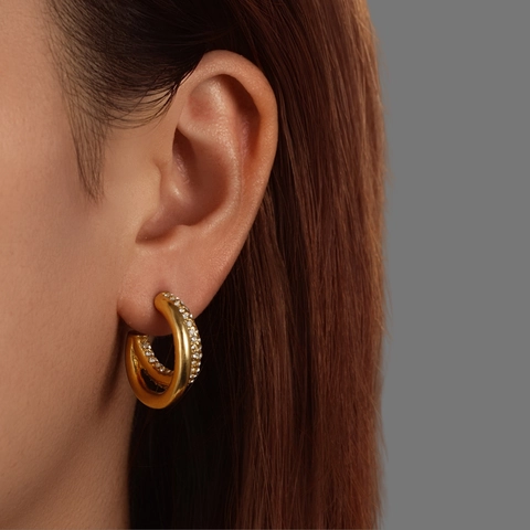 Pendientes De Aro En Forma De C De Acero Inoxidable 304 Chapado En Oro De 18K Doble Capa Circonita Patrón Trenzado