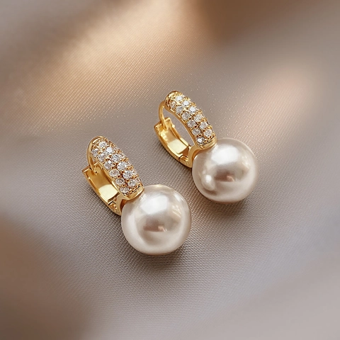 Artificial Pearl Drop Earrings With 925 Sterling Silver Earring Post Zircon Inlaid Gold Plated Hoop For Women Elegant Jewelry