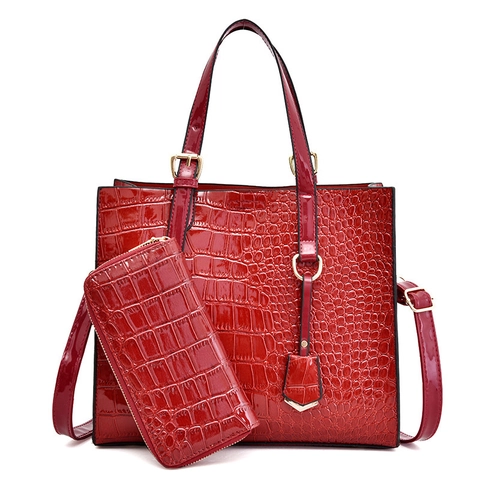 Borsa A Mano Da Donna Alla Moda E Portafoglio Lungo PU Lucido Motivo Coccodrillo Borsa Tote Grande Capacità Borsa A Tracolla Da Ufficio