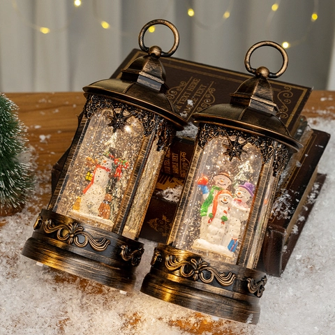Linterna Bola De Nieve De Navidad Retro Bronce LED Luces Muñeco De Nieve Giratorio Caja De Música Decoración De Mesa
