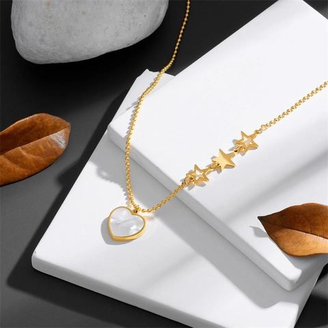 Fashion Titanium Steel Gold Heart Pendant Necklace For Women With Artificial Pearl Inlay And Stars Korean Style Jewelry