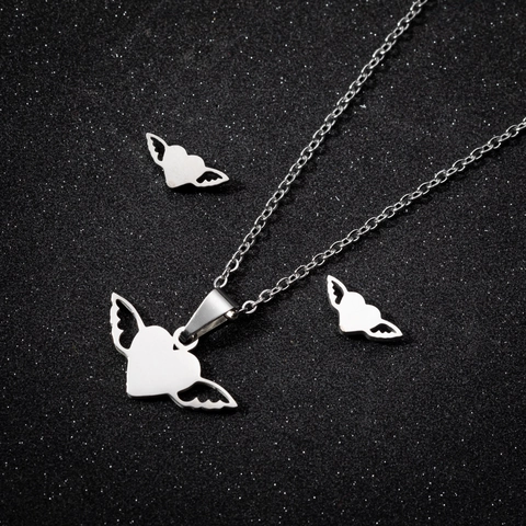 Collar Con Colgante De Corazón Y Alas De Acero Inoxidable Y Pendientes Para Mujer Joyas Geométricas Personalizadas