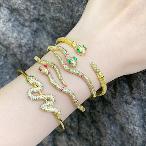 Snake Shape Copper Cuff Bracelet With Zircon Inlay Gold Plated Retro Fashion Bangle For Women Hinged Opening